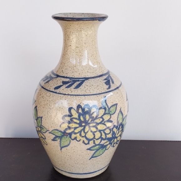 VTG Lopez Pottery Speckled with Blue Yellow Floral Glaze Vase Signed - Picture 2 of 8
